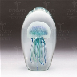 Handmade Glass Glowing Jellyfish Paperweight Teal 6.5"